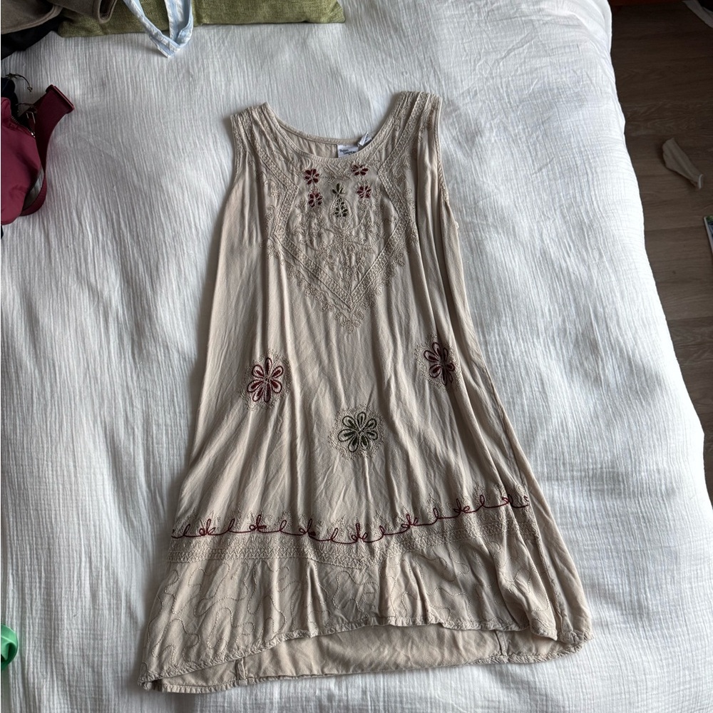 Beige Embroidered Sleeveless Dress